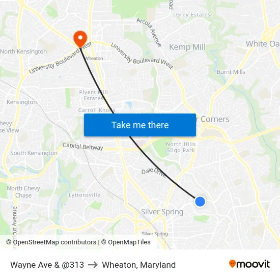 Wayne Ave & @313 to Wheaton, Maryland map