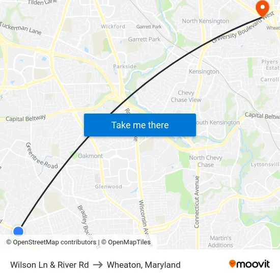 Wilson Ln & River Rd to Wheaton, Maryland map