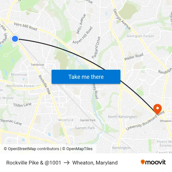 Rockville Pike & @1001 to Wheaton, Maryland map