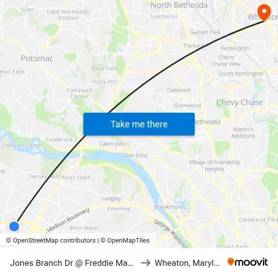 Jones Branch Dr @ Freddie Mac Ctr to Wheaton, Maryland map