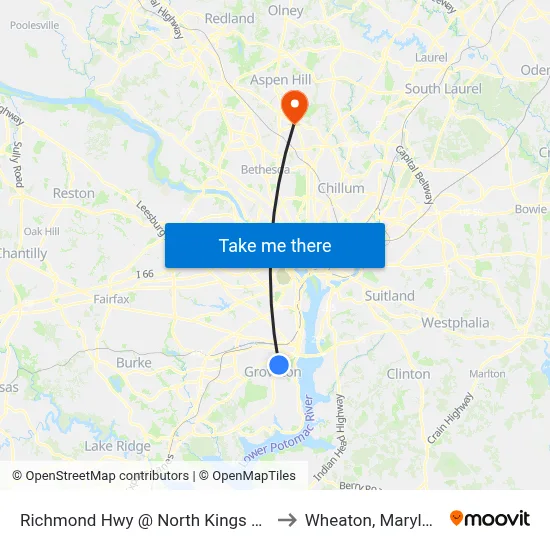 Richmond Hwy @ North Kings Hwy to Wheaton, Maryland map