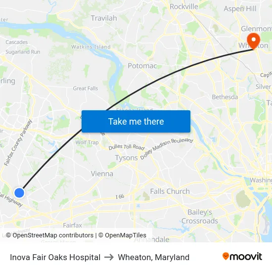 Inova Fair Oaks Hospital to Wheaton, Maryland map