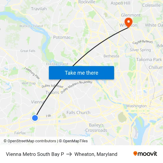 Vienna Metro South Bay P to Wheaton, Maryland map