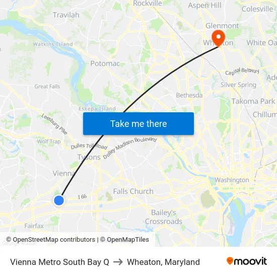 Vienna Metro South Bay Q to Wheaton, Maryland map