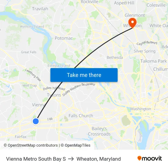 Vienna Metro South Bay S to Wheaton, Maryland map