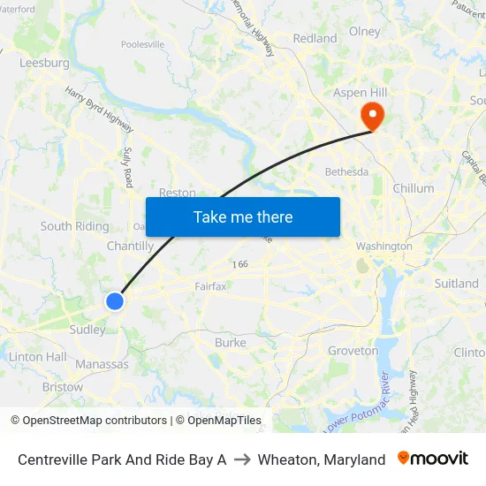 Centreville Park And Ride Bay A to Wheaton, Maryland map
