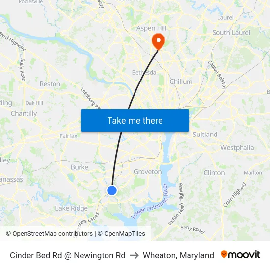 Cinder Bed Rd @ Newington Rd to Wheaton, Maryland map