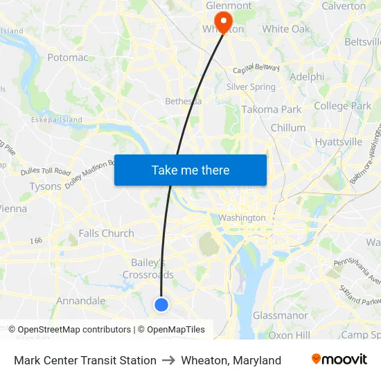 Mark Center Transit Station to Wheaton, Maryland map