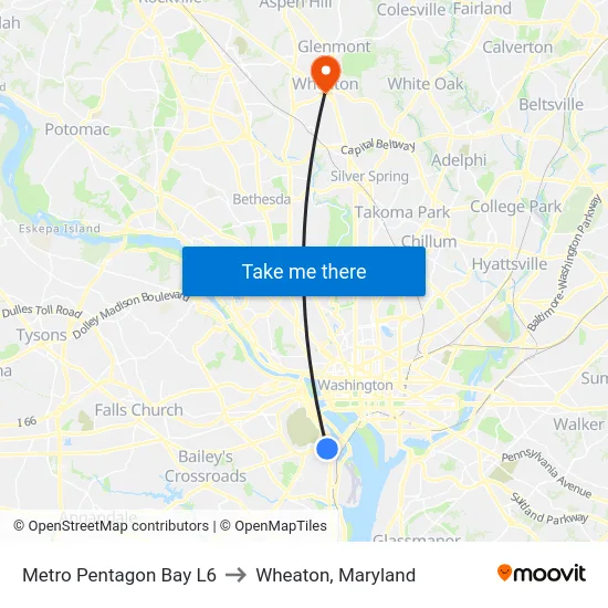 Metro Pentagon Bay L6 to Wheaton, Maryland map