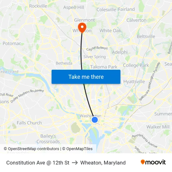 Constitution Ave @ 12th St to Wheaton, Maryland map