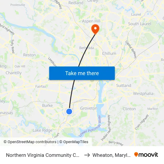 Northern Virginia Community College to Wheaton, Maryland map