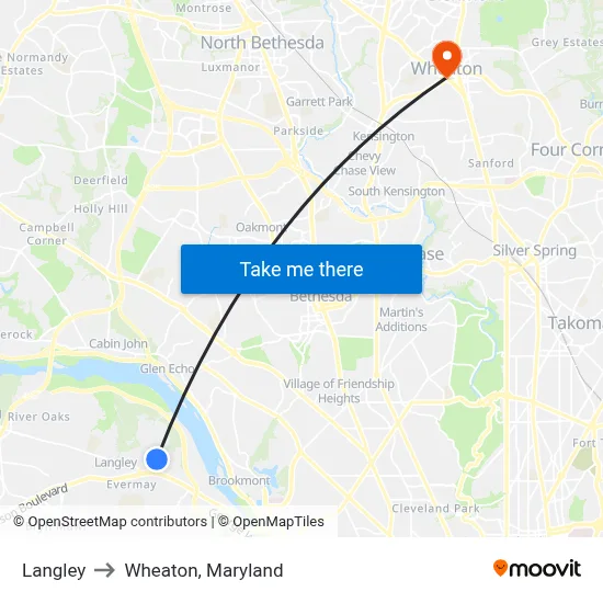 Langley to Wheaton, Maryland map