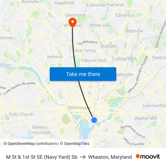 M St & 1st St SE (Navy Yard) Sb to Wheaton, Maryland map