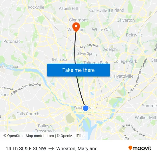 14 Th St & F St NW to Wheaton, Maryland map