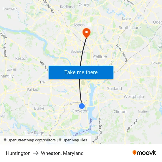 Huntington to Wheaton, Maryland map