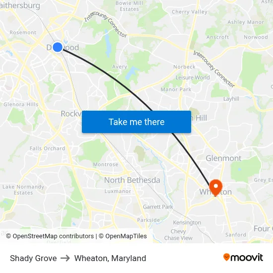 Shady Grove to Wheaton, Maryland map