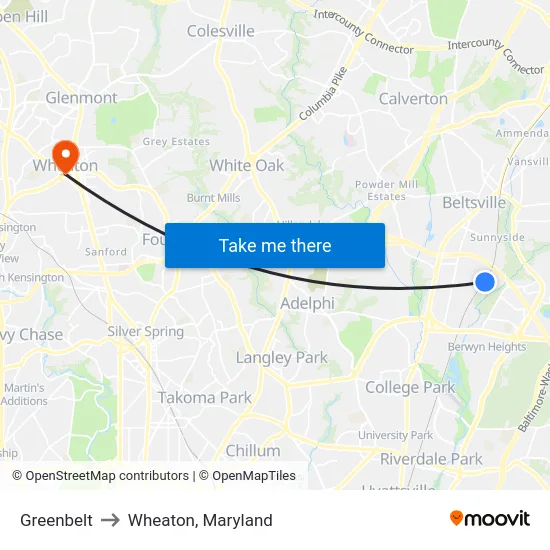 Greenbelt to Wheaton, Maryland map