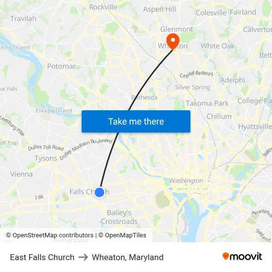 East Falls Church to Wheaton, Maryland map