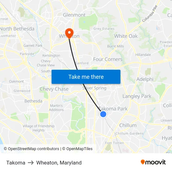 Takoma to Wheaton, Maryland map