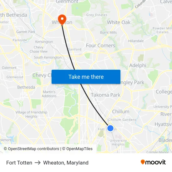 Fort Totten to Wheaton, Maryland map