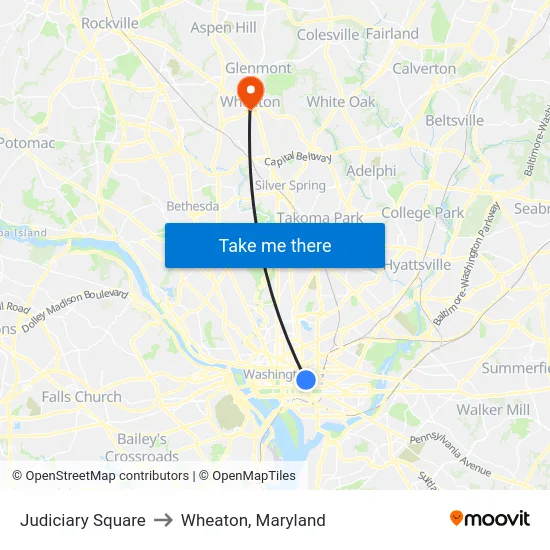 Judiciary Square to Wheaton, Maryland map