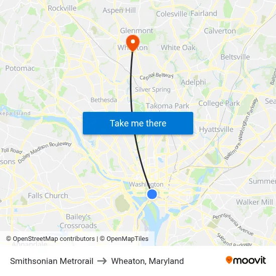Smithsonian Metrorail to Wheaton, Maryland map