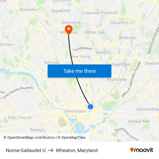 Noma-Gallaudet U to Wheaton, Maryland map