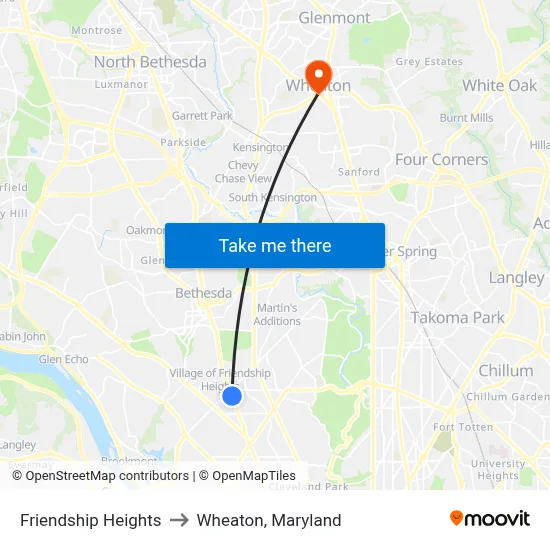 Friendship Heights to Wheaton, Maryland map