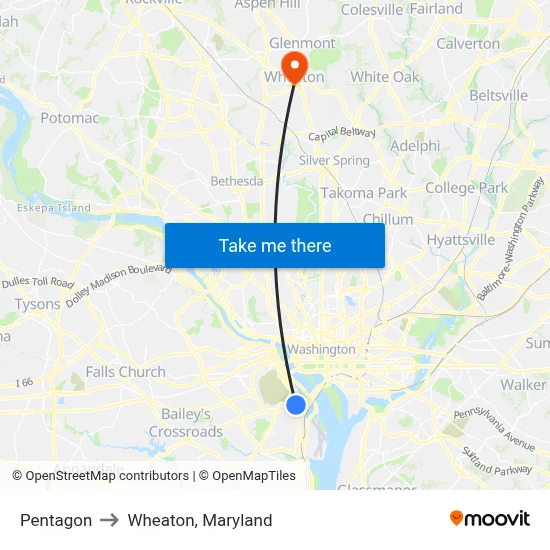 Pentagon to Wheaton, Maryland map