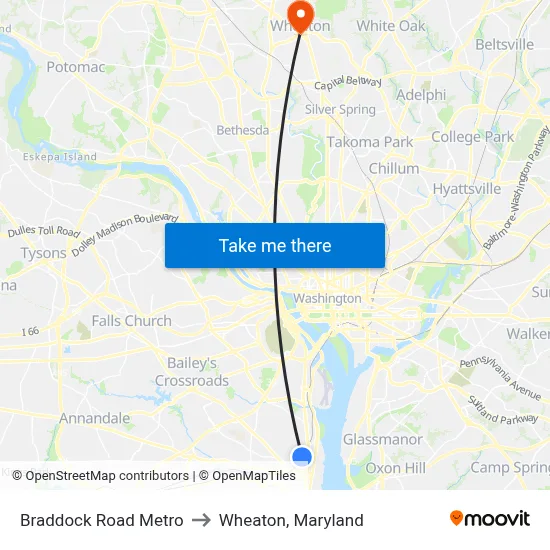 Braddock Road Metro to Wheaton, Maryland map