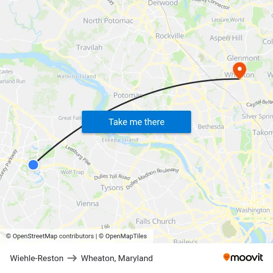 Wiehle-Reston to Wheaton, Maryland map