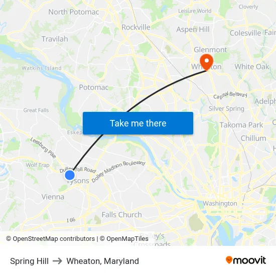 Spring Hill to Wheaton, Maryland map