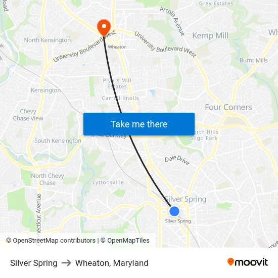 Silver Spring to Wheaton, Maryland map
