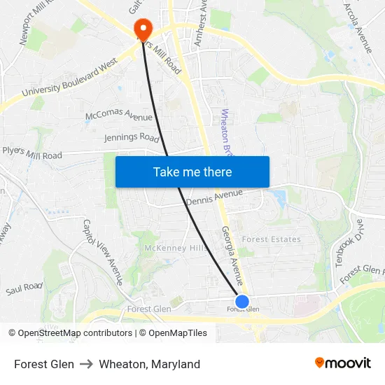 Forest Glen to Wheaton, Maryland map