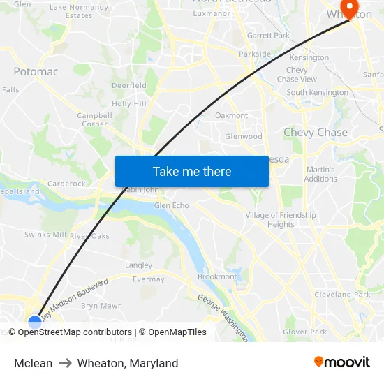 Mclean to Wheaton, Maryland map