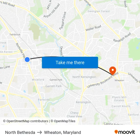 North Bethesda to Wheaton, Maryland map