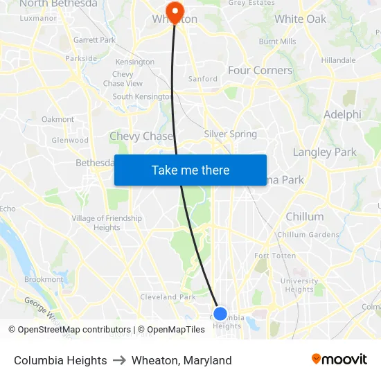 Columbia Heights to Wheaton, Maryland map