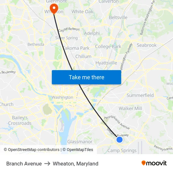 Branch Avenue to Wheaton, Maryland map