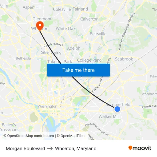 Morgan Boulevard to Wheaton, Maryland map