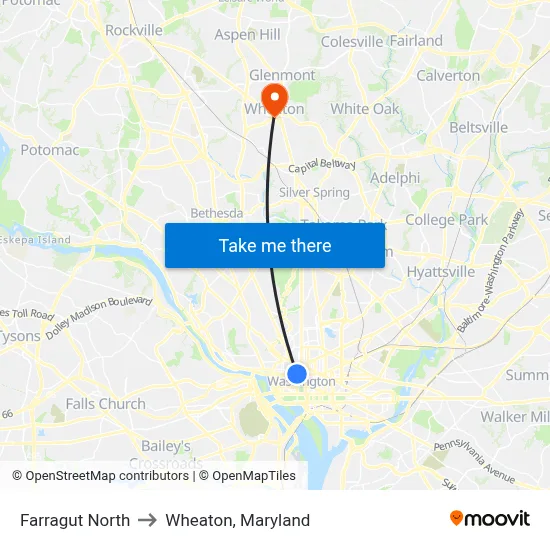 Farragut North to Wheaton, Maryland map