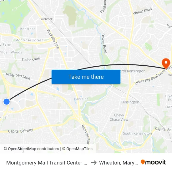 Montgomery Mall Transit Center & Bay B to Wheaton, Maryland map