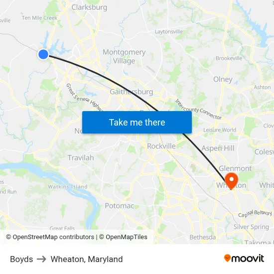 Boyds to Wheaton, Maryland map