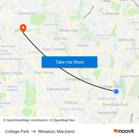 College Park to Wheaton, Maryland map