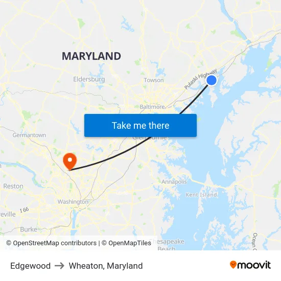 Edgewood to Wheaton, Maryland map