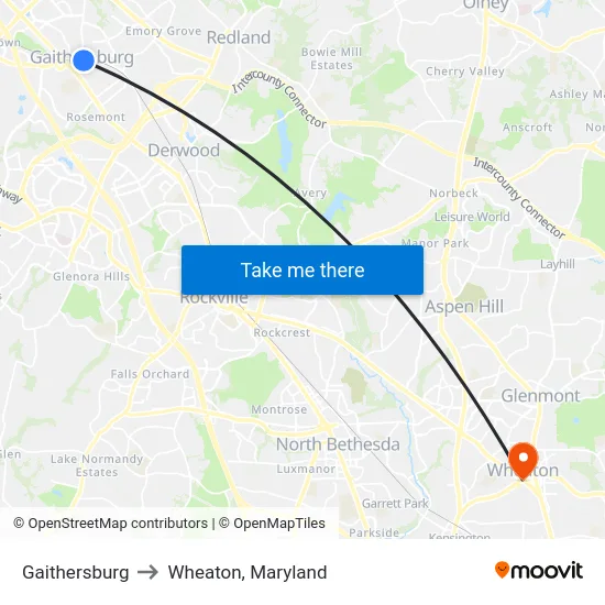 Gaithersburg to Wheaton, Maryland map