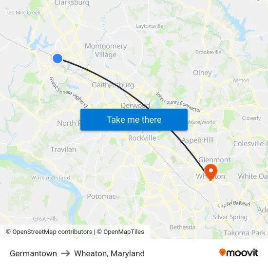 Germantown to Wheaton, Maryland map