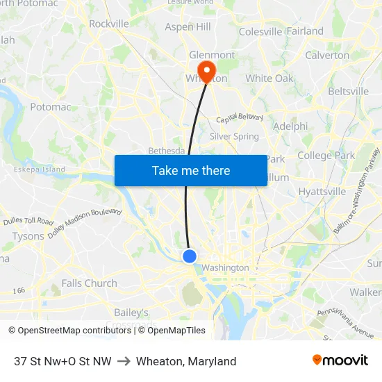 37 St Nw+O St NW to Wheaton, Maryland map