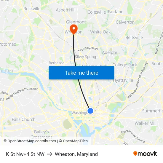K St Nw+4 St NW to Wheaton, Maryland map