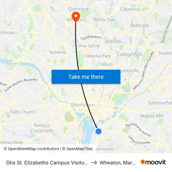 Dhs St. Elizabeths Campus Visitor Center to Wheaton, Maryland map