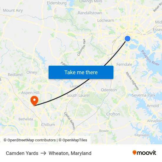 Camden Yards to Wheaton, Maryland map